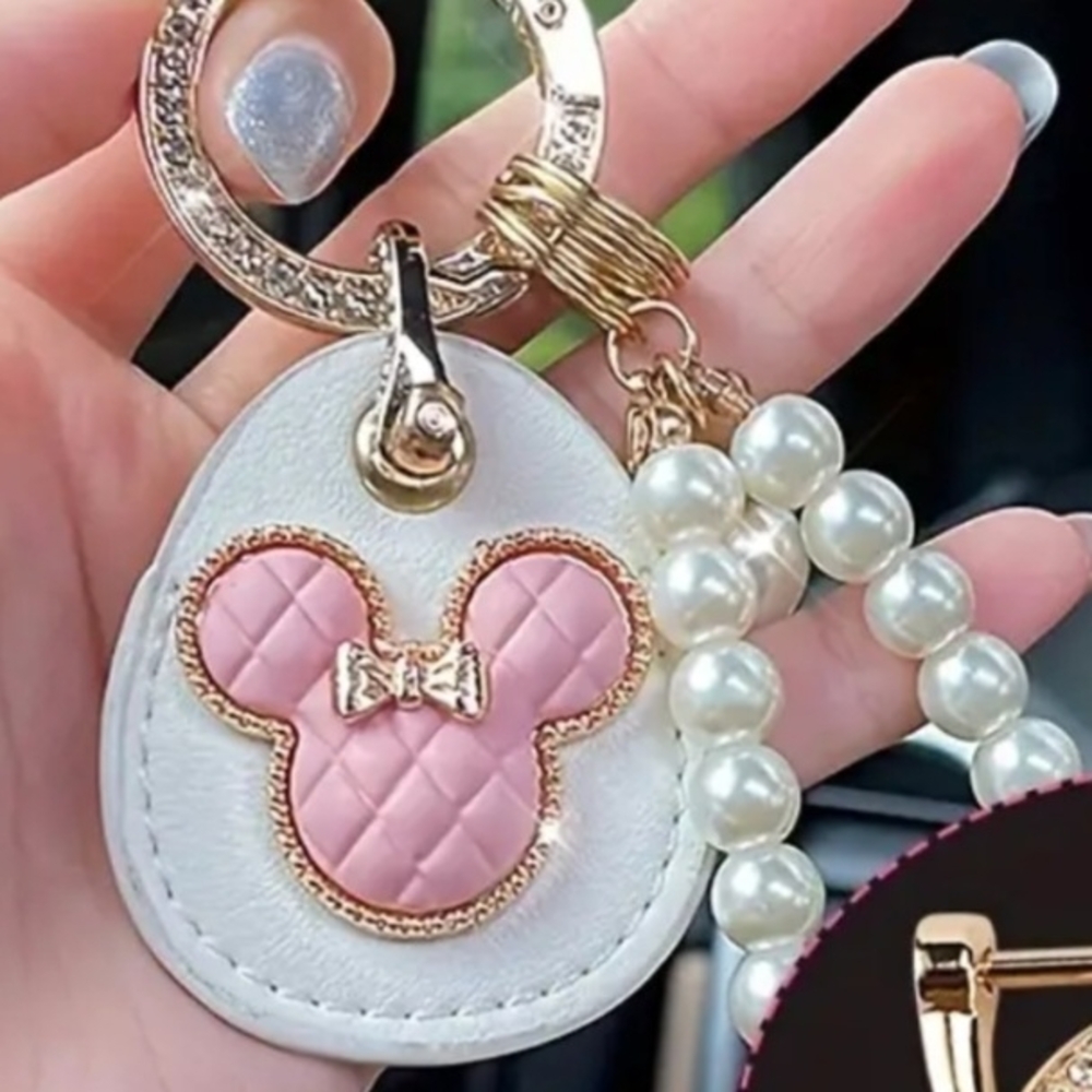 Pink and White Keychain with Pearl Accents
